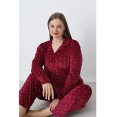 Battal Estiva Puantiyeli Önden Düğmeli Kadife Bayan Pijama Takım - 3