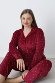 Battal Estiva Puantiyeli Önden Düğmeli Kadife Bayan Pijama Takım - 7