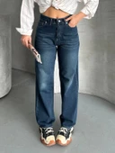 BİÇOMİ Palazzo bıyık enzim yıkama jeans pantolon koyu mavi d2008 thumbnail 1