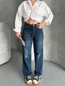 BİÇOMİ Palazzo bıyık enzim yıkama jeans pantolon koyu mavi d2008 thumbnail 4