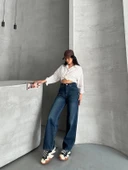 BİÇOMİ Palazzo bıyık enzim yıkama jeans pantolon koyu mavi d2008 thumbnail 2