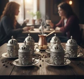 Defne 6 Kişilik 24 Parça Metal Porselenli Gümüş Renk Kahve Fincan Seti - 1