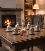 Ahsen 6 Kişilik Kapaklı Lale Desenli Türk Kahve Fincanı 24 Parça Gümüş Renkli - 1