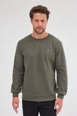 Erkek Haki Standart Fit Normal Kesim Pamuklu Basic Bisiklet Yaka Sweatshirt MTLCE113-Haki - 3