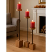 Dekoratif 3 Lü Uzun Şamdan & Mumluk Metal Black wood - 1