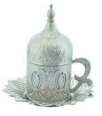 Ahsen 6 Kişilik Kapaklı Lale Desenli Türk Kahve Fincanı 24 Parça Gümüş Renkli - 5