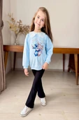Yaka Detaylı Stitch Desenli Mavi Renk Kız Çocuk Takım - 1