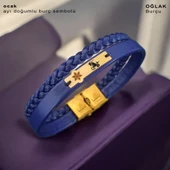 Burca Özel Kar Tanesi Motifli Doğal Lacivert Derili 14 Ayar Altın Plakalı Hediye Bileklik-451 thumbnail 1