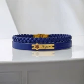 İsme Özel Kar Tanesi Motifli Doğal Lacivert Derili 14 Ayar Altın Plakalı Hediye Bileklik-451 thumbnail 2