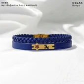 Burca Özel Kar Tanesi Motifli Doğal Lacivert Derili 14 Ayar Altın Plakalı Hediye Bileklik-451 thumbnail 2