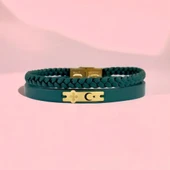 Sembole Özel Doğal Yeşil Derili 14 Ayar Altın Plakalı Çiçek Figürlü Hediye Bileklik-452 - 2