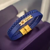 İsme Özel Kar Tanesi Motifli Doğal Lacivert Derili 14 Ayar Altın Plakalı Hediye Bileklik-451 thumbnail 1