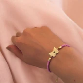 Harfe Özel 14 Ayar Altın Plakalı Kelebek Motifli Doğal Pembe Derili Hediye Bileklik-455 thumbnail 2