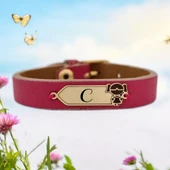 Harfe Özel 14 Ayar Altın Plakalı Kız Çocuk Figürlü Doğal Pembe Derili Hediye Bileklik-454 thumbnail 1