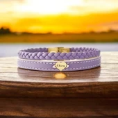 İsme Özel Kalp Motifli Doğal Mor Derili 14 Ayar Altın Plakalı Hediye Bileklik-453 thumbnail 1