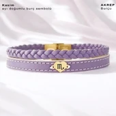 Doğum Ayına Özel 14 Ayar Altın Plakalı Kalp Motifli Doğal Mor Derili Hediye Bileklik-453 thumbnail 1