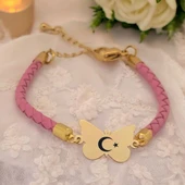 Sembole Özel Doğal Pembe Derili 14 Ayar Altın Plakalı Kelebek Motifli Hediye Bileklik-455 thumbnail 1