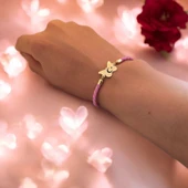 Sembole Özel Doğal Pembe Derili 14 Ayar Altın Plakalı Kelebek Motifli Hediye Bileklik-455 thumbnail 3