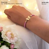 Burca Özel Kelebek Motifli Doğal Pembe Derili 14 Ayar Altın Plakalı Hediye Bileklik-455 thumbnail 3