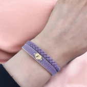 Harfe Özel 14 Ayar Altın Plakalı Kalp Motifli Doğal Mor Derili Hediye Bileklik-453 thumbnail 2
