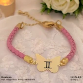 Doğum Ayına Özel 14 Ayar Altın Plakalı Kelebek Motifli Doğal Pembe Derili Hediye Bileklik-455 thumbnail 1