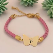 Harfe Özel 14 Ayar Altın Plakalı Kelebek Motifli Doğal Pembe Derili Hediye Bileklik-455 thumbnail 1