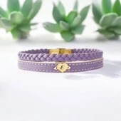 Harfe Özel 14 Ayar Altın Plakalı Kalp Motifli Doğal Mor Derili Hediye Bileklik-453 thumbnail 1