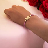 Harfe Özel 14 Ayar Altın Plakalı Kelebek Motifli Doğal Pembe Derili Hediye Bileklik-455 thumbnail 3