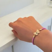 Sembole Özel Doğal Pembe Derili 14 Ayar Altın Plakalı Kelebek Motifli Hediye Bileklik-455 thumbnail 2