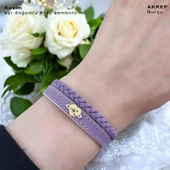 Burca Özel Kalp Motifli Doğal Mor Derili 14 Ayar Altın Plakalı Hediye Bileklik-453 thumbnail 2