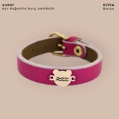 Doğum Ayına Özel 14 Ayar Altın Plakalı Ayıcık Motifli Doğal Pembe Derili Hediye Bileklik-458 thumbnail 1