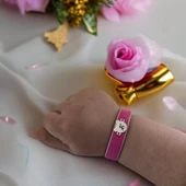 Harfe Özel 14 Ayar Altın Plakalı Ayıcık Motifli Doğal Pembe Derili Hediye Bileklik-458 thumbnail 3
