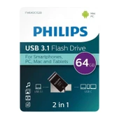 PHILIPS 64GB USB 3.1 Type-C Bellek, 2 in 1 Metal - FM64DC152B/00 - 2