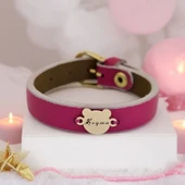 İsme Özel Ayıcık Motifli Doğal Pembe Derili 14 Ayar Altın Plakalı Hediye Bileklik-458 thumbnail 1
