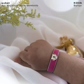 Burca Özel Ayıcık Motifli Doğal Pembe Derili 14 Ayar Altın Plakalı Hediye Bileklik-458 - 3
