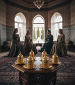 BUSEM Ahsen 6 Kişilik Kapaklı Lale Desenli Türk Kahve Fincanı 24 Parça Altın Renkli - 1