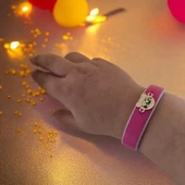 Sembole Özel Doğal Pembe Derili 14 Ayar Altın Plakalı Ayıcık Motifli Hediye Bileklik-458 thumbnail 2