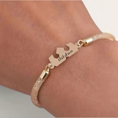 İsme Özel Taç Motifli Hasır Kordonlu 14 Ayar Altın Plakalı Hediye Bileklik-461 thumbnail 2