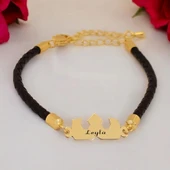 İsme Özel Taç Figürlü Doğal Siyah Derili 14 Ayar Altın Plakalı Hediye Bileklik-462 thumbnail 1