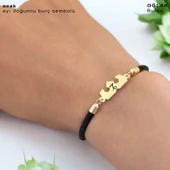 Doğum Ayına Özel 14 Ayar Altın Plakalı Taç Figürlü Doğal Siyah Derili Hediye Bileklik-462 thumbnail 3