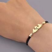 Harfe Özel 14 Ayar Altın Plakalı Taç Figürlü Doğal Siyah Derili Hediye Bileklik-462 thumbnail 3