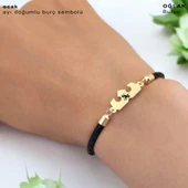 Burca Özel Taç Figürlü Doğal Siyah Derili 14 Ayar Altın Plakalı Hediye Bileklik-462 thumbnail 3