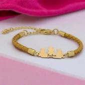 İsme Özel Taç Motifli Hakiki Altın Renkli Derili Derili 14 Ayar Altın Plakalı Hediye Bileklik-463 thumbnail 1