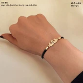 Doğum Ayına Özel 14 Ayar Altın Plakalı Taç Figürlü Doğal Siyah Derili Hediye Bileklik-462 thumbnail 2