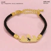 Burca Özel Taç Figürlü Doğal Siyah Derili 14 Ayar Altın Plakalı Hediye Bileklik-462 thumbnail 1