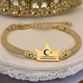 Sembole Özel Hasır Kordonlu 14 Ayar Altın Plakalı Taç Figürlü Hediye Bileklik-464 thumbnail 1