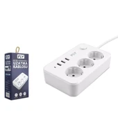 Fly 3406-01 Termal Akım Korumalı Uzatma Kablosu 3 Priz 3 Usb + Anahtar 2.1A 2M Beyaz - 1