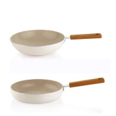 Schafer Ceramoni Seramik Tava 28 Cm ve 28 Cm Wok Tava Seti – Krem - 1