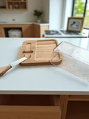 Doğal Bambu Bıçaklı Peynir ve Tereyağ Servis Sunum Tabağı Plastik Kapaklı Set 3 Parça 18x18 Cm - 2