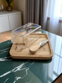 Doğal Bambu Bıçaklı Peynir ve Tereyağ Servis Sunum Tabağı Plastik Kapaklı Set 3 Parça 18x18 Cm - 1